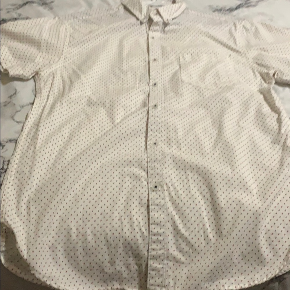 Red white and blue polka dot button up